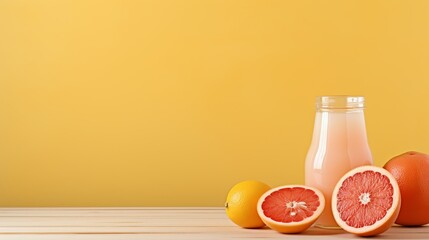 Refreshing grapefruit juice in glass on wooden table with soft orange background for text placement