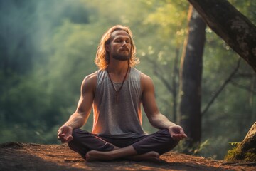 Meditating man in the woods