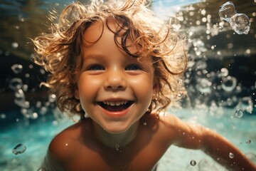 Fototapeta na wymiar Ecstatic Kid Having Fun Swimming Underwater