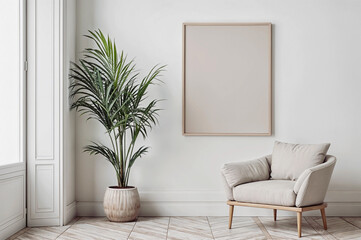 White wall with one empty wooden frame for wall art mockup. Minimalist boho room with beige chair and tropical house plant.