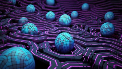 Futuristic glowing blue spheres in a dark maze
