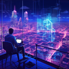 person on laptop in front of a city