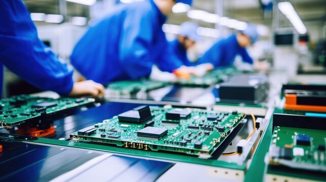 Electronics manufacturing workers in blue ESD smocks assemble electronic circuit boards in a factory