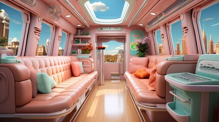 Pink retro futuristic bus interior with city view - obrazy, fototapety, plakaty