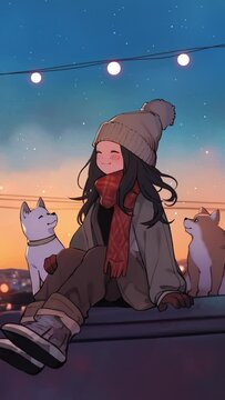 Lofi animation. Seamless loop. Girl with dogs on the roof. Assets were created with the help of an AI and then were manually modified and animated.