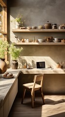 A wooden desk and chair in a sunlit room