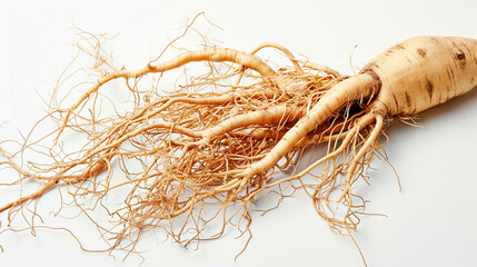 Full ginseng plant root lying on white background. Generative - obrazy, fototapety, plakaty