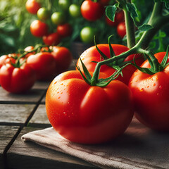 Kiść dorodnych czerwonych pomidorów leżąca na ściereczce i starym blacie z desek.  - obrazy, fototapety, plakaty