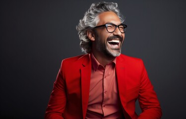Laughing man in red suit - obrazy, fototapety, plakaty