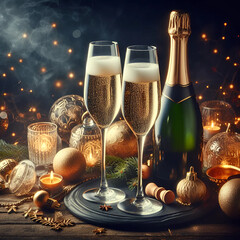 Dwa pełne kieliszki szampana z butelką szampana na stole z świeczkami i ozdobami świątecznymi. - obrazy, fototapety, plakaty