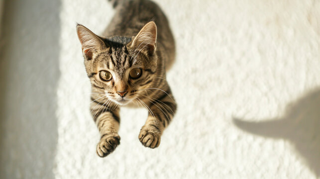 funny cat flying. photo of a playful tabby cat jumping mid-air looking at camera. Generative AI