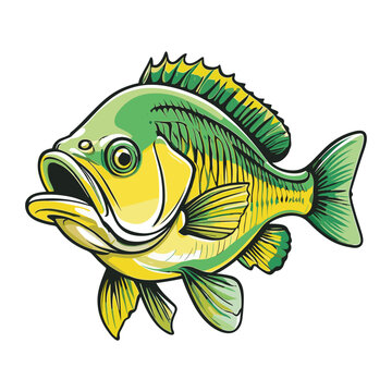 hand drawn art style green yellow black stripe bass fish vector illustration