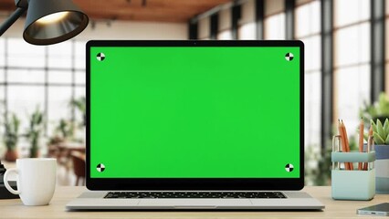 Close up shot of laptop on the desk with green screen chroma key, bright modern office in the background, 4k