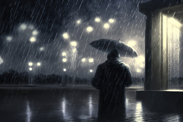 A sad person in the rain. 