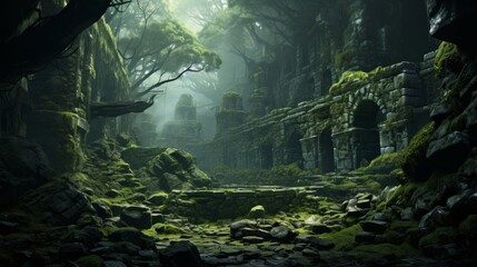 ruins of an ancient temple in the forest.