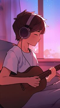 Lofi animation. Seamless loop. Guy playing guitar. Assets were created with the help of an AI and then were manually modified and animated.