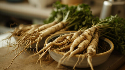 Korea ginseng root. Ginseng has been used in oriental medicine. Generative AI