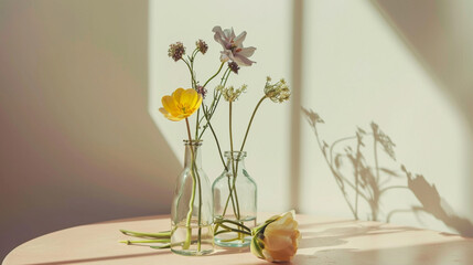 glass vases with flower on ivory table near beige wall. Generative AI