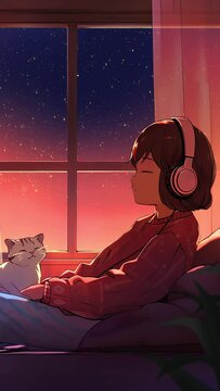 Lofi animation. Seamless loop. Girl listening the music. Assets were created with the help of an AI and then were manually modified and animated.