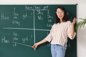Female English teacher conducting grammar lesson in classroom - obrazy, fototapety, plakaty