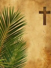 Palm sunday background. Cross and palm on vintage background - generative ai