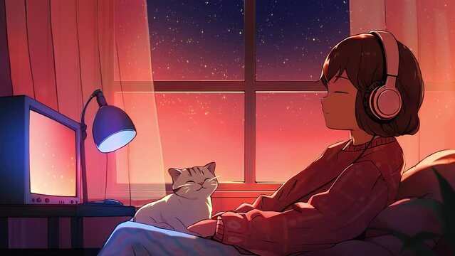 Lofi animation. Seamless loop. Girl listening the music. Assets were created with the help of an AI and then were manually modified and animated.