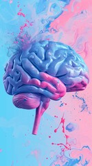 Blue and Pink Painting of a Brain, Neural Artwork in Harmonious Colors