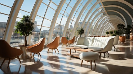 Modern airport lounge with large windows and comfortable seating