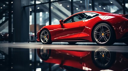Luxury expensive car parked on dark background. Sport and modern luxury design red car. Shiny clean lines and detailed front view of modern automotive. - obrazy, fototapety, plakaty