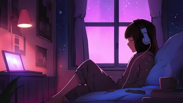 Lofi animation. Seamless loop. Girl listening music. Assets were created with the help of an AI and then were manually modified and animated.