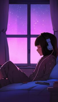 Lofi animation. Seamless loop. Girl listening music. Assets were created with the help of an AI and then were manually modified and animated.