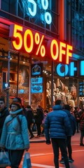 a colorful 50% off sale sign above a shop window