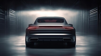 Luxury expensive car parked on dark background. Sport and modern luxury design gray car. Shiny clean lines and detailed front view of modern automotive.