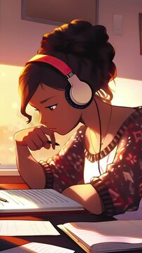 Lofi animation. Seamless loop. Girl is studying. Assets were created with the help of an AI and then were manually modified and animated.