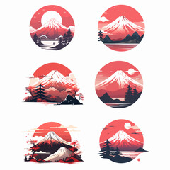 set of red and white icons mount fuji japan, landscape view vector pack logo illustrations 