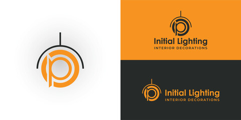 logo design inspiration for home furnishing business especially for lamp and lighting product inspired from abstract initial isolated letter o and p in orange color and isolated with black lamp hanger - obrazy, fototapety, plakaty