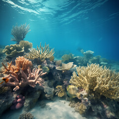 Dying coral reef with bleached corals, underwater view, focus on the impact of climate change and ocean acidification on marine