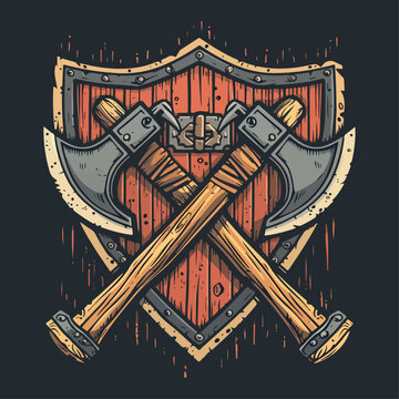 Scandinavian shields and axe traditional viking weapon logo vector illustrations 