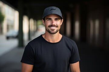 Portrait of a smiling delivery man in a cap standing in the street