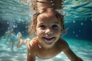Fototapeta na wymiar Little Girl Swimming Underwater