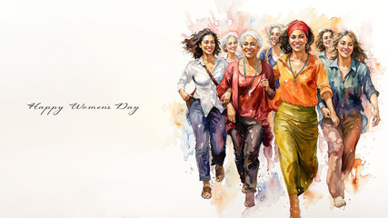 Affectionate family enjoying a carefree moment of happiness in a diverse and inclusive community. Women's day greeting card with an expressive watercolor drawing and text - 711075575