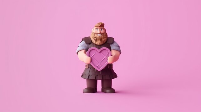 Illustration of a cartoon Viking with a heart in his hands. A brutal man in love with a symbol of love. Pink background with copy space. Concept: confession of feelings, Valentine's Day