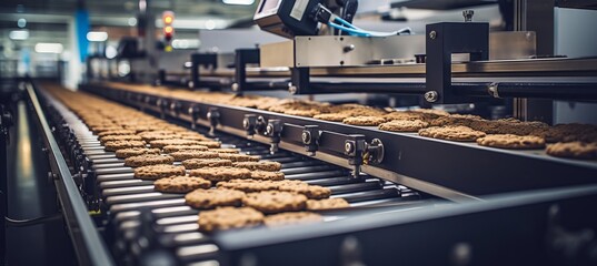 Efficient cookie baking production line with biscuits on conveyor belt in confectionery factory - obrazy, fototapety, plakaty