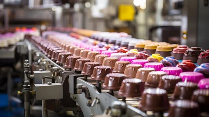 Fotobehang Efficient production line of chocolate candy on conveyor belt in confectionery factory © Eva