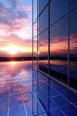 Blue and pink sky reflecting on the glass facade of a modern office building with solar panels on the floor