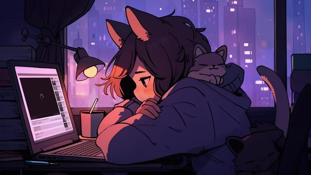  Lofi animation. Seamless loop. Guy and cats watch video. Assets were created with the help of an AI and then were manually modified and animated.