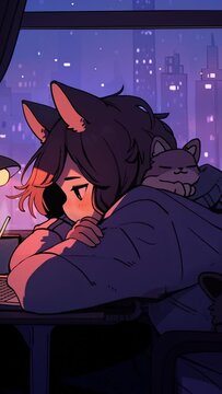  Lofi animation. Seamless loop. Guy and cats watch video. Assets were created with the help of an AI and then were manually modified and animated.