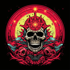 horror skull occult symbol design illustration on black background for tshirt, merchandise, wallpaper, or any purpose