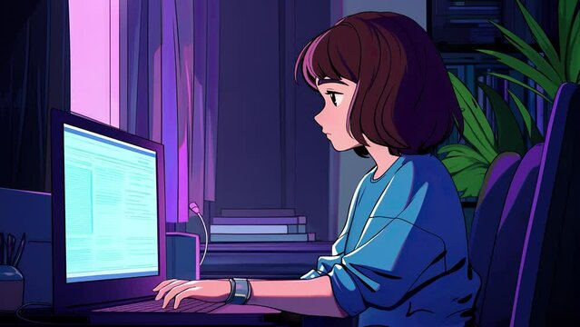 Lofi animation. Seamless loop. Girl study. Assets were created with the help of an AI and then were manually modified and animated.
