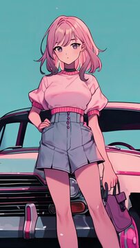 Lofi animation. Seamless loop. Girl and the car. Assets were created with the help of an AI and then were manually modified and animated.